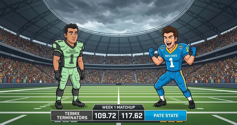 Generated matchup card: TermX Terminators face Pate State in a Week 1 matchup